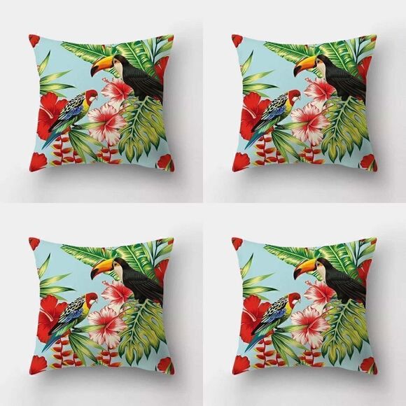 Set of 4 Tropical Birds Indoor/Outdoor Throw Pillow Covers 18x18 - Picture 1 of 2